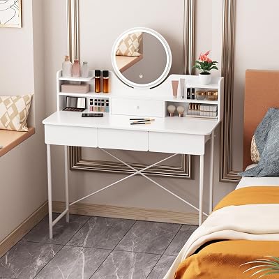 White Vanity Desk with LED Lighted Mirror and Lights, Vanity Desk with 4 Drawers & Opening Shelves, 3 Lighting Modes Adjustable Brightness, Bedroom Dressing Table White