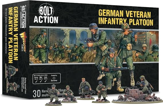 Wargames Delivered - Warlord Games German Veteran Infantry Platoon, 30 Multi-Pose WW2 28mm Miniatures, Bolt Action Compatible, Customizable German Army Soldiers with Weapons, MMG Teams