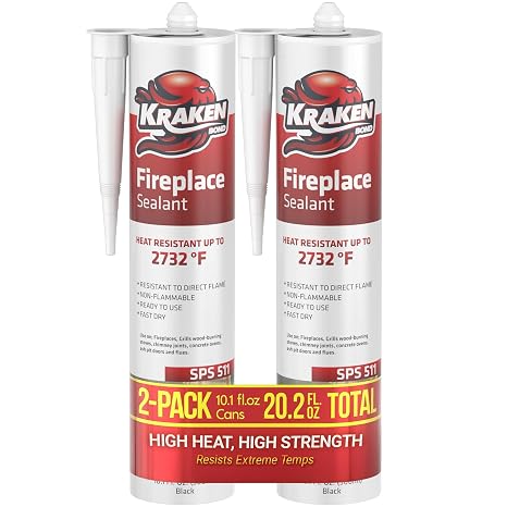Kraken Bond High Temperature Black Fireplace Sealant 2732F - (2x10.1oz.) Fire Resistance Up to 2732F, High Temp Fire Caulk for Ovens, Stoves, Chimneys - Fast Dry, Paintable, Non-Flammable, 2 Pack