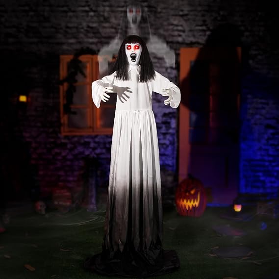 Halloween Animatronics Decorations, Animated Jumpscare Haunted Ghost with Sound Activated, Spooky Sound, Lighted Eyes, Scary Move, Haunted House Holiday Decor Horror Prop for Indoor Outdoor Yard 