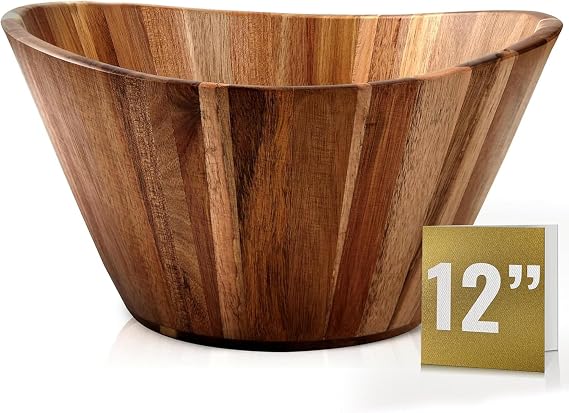 Extra Large Wooden Salad Bowl - Acacia 12 Multi-Purpose Wood Bowls - Decorative Bowls for Home Decor, Storage, Serving, Yarn - Durable Wavy Handmade Design - Wooden Fruit Bowl for Kitchen Counter