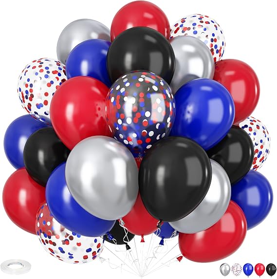 Red Blue Black Balloons, 12 Inch Red Black and Royal Blue Balloons Set