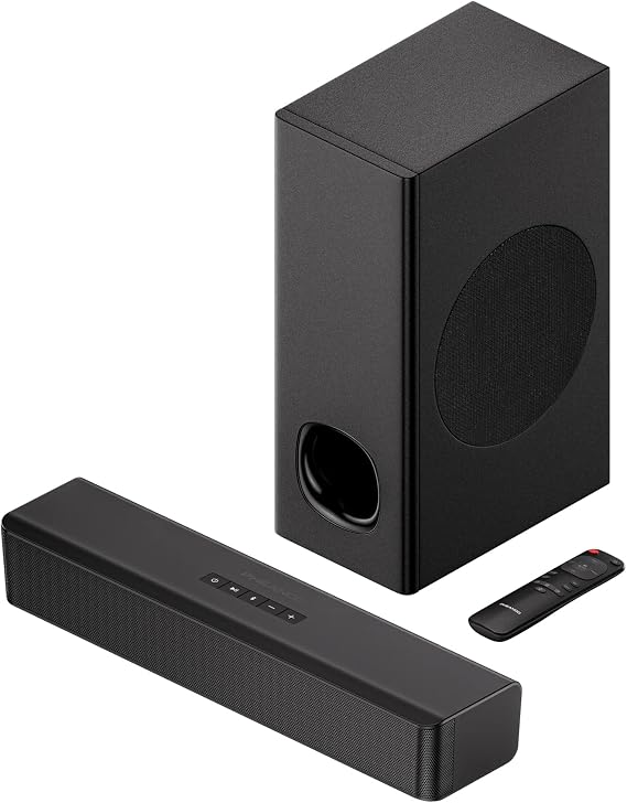 2.1 Compact Sound Bars for TV with Subwoofer, HDMI ARC/Bluetooth 5.0/Optical/AUX/RCA Connection, Remote Control, Adjustable Bass, Wall Mountable P15, 140W, 16 inch, Black