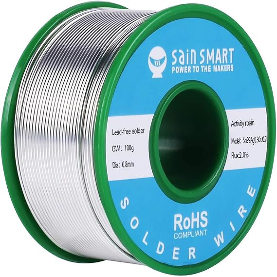 SainSmart 100g 0.8mm Lead Free Solder Wire with Rosin2 Sn97 Cu0.7 Ag0.3, Tin Wire Solder for Electrical Soldering (0.8mm, 100g/ 0.22lbs)