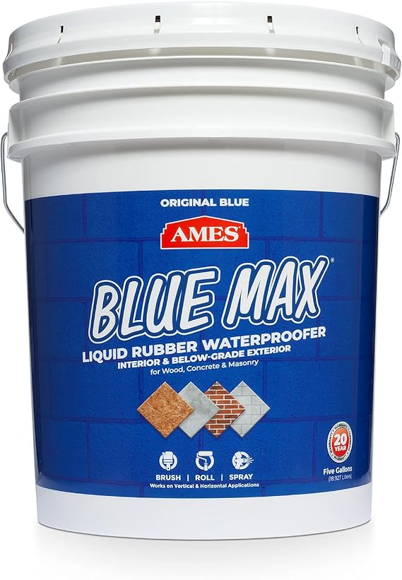 Ames Research Laboratories BMX5RG Blue MAX Waterproofer, Regular Use in Interior & Below-Grade Exterior Concrete Sealer and More. Liquid Rubber, 5 Gallon (Pack of 1), 640 Fl Oz | Ideal for waterproofing above & below grade foundations, basements, roofs, floors & more.