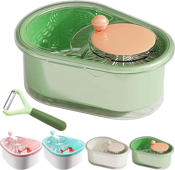 Fruit Cleaner Spinner, Portable Fruit Scrubber with Lid, Fruit Washer Spinner Scrubber, Fruit and Vegetable Cleaner with Colander and Bowl, Fruit Spinner and Strainer with Brush for Kitchen (Green)