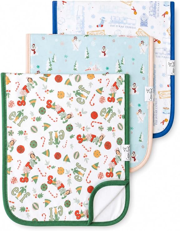 Copper Pearl Premium Baby Burp Cloths - 3-Pack Large Cotton Burp Cloths, Perfect for Baby Boy and Baby Girl Gifts (21" x 10" Size, Christmas Classics Set)