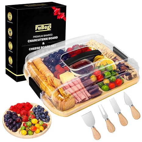 Portable Travel Charcuterie Board with Lid, Bamboo Charcuterie Cheese Board with Cover Gift Set Mother's Day for Women Mom, Covered Charcuterie Box Serving Tray Board Platter 7 Compartment Christmas