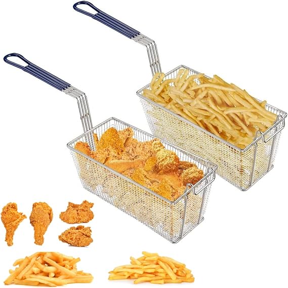 2PCS Deep Fryer Basket Commercial Use, Non-Slip Handle Heavy Duty Nickel Plated Iron Construction Chip Basket, 13 1/4" x 6 1/2" x 6, Restaurant Kitchen Frying Chips Fish Sausages.