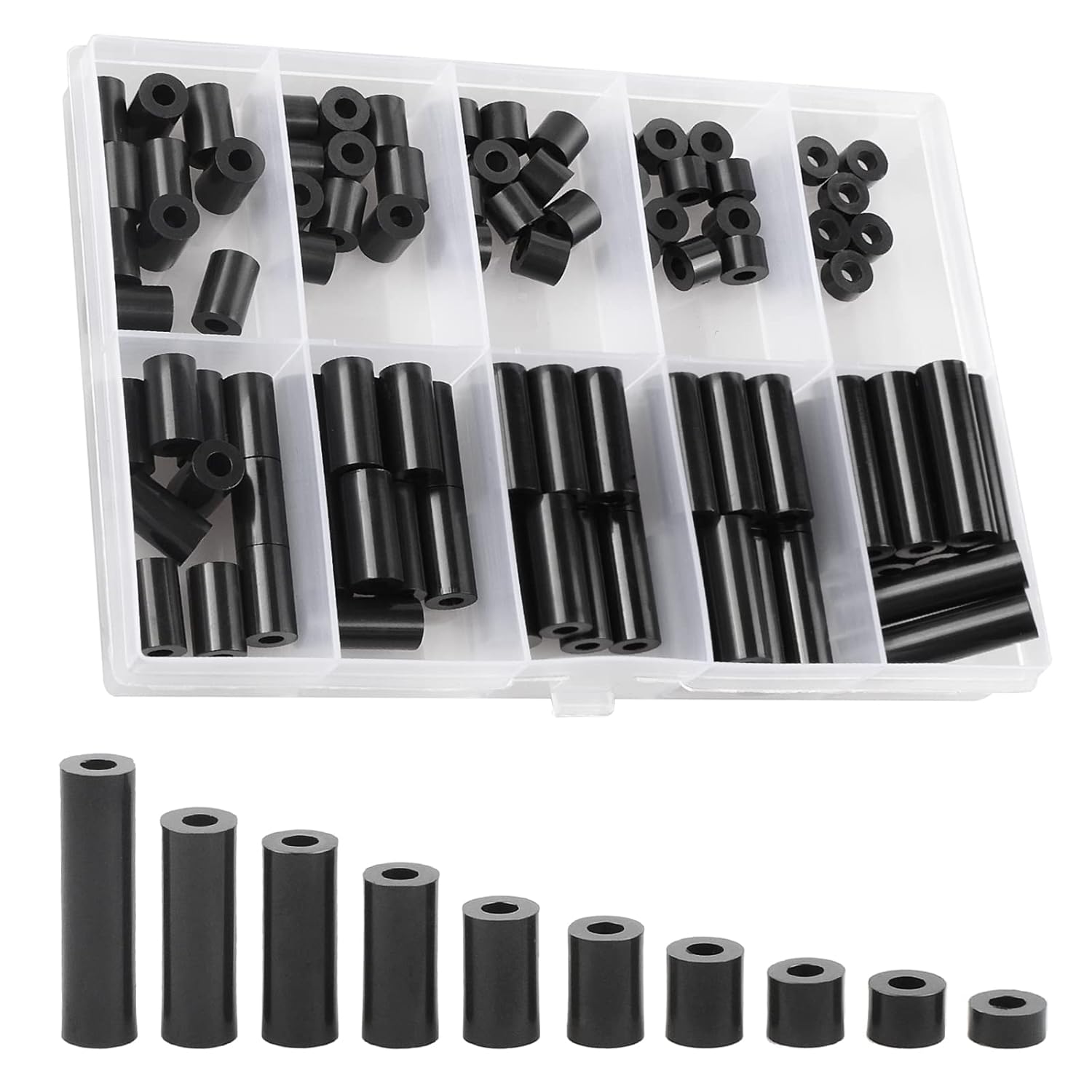 Exqutoo 300Pcs ABS Round Spacers, ID 3mm, OD 7mm; 4mm, 8mm; 5mm, 9mm; 6mm, 11mm; Multiple Lengths, Non-Threaded Washers Suitable for M3 M4 M5 M6 Screws Hardware