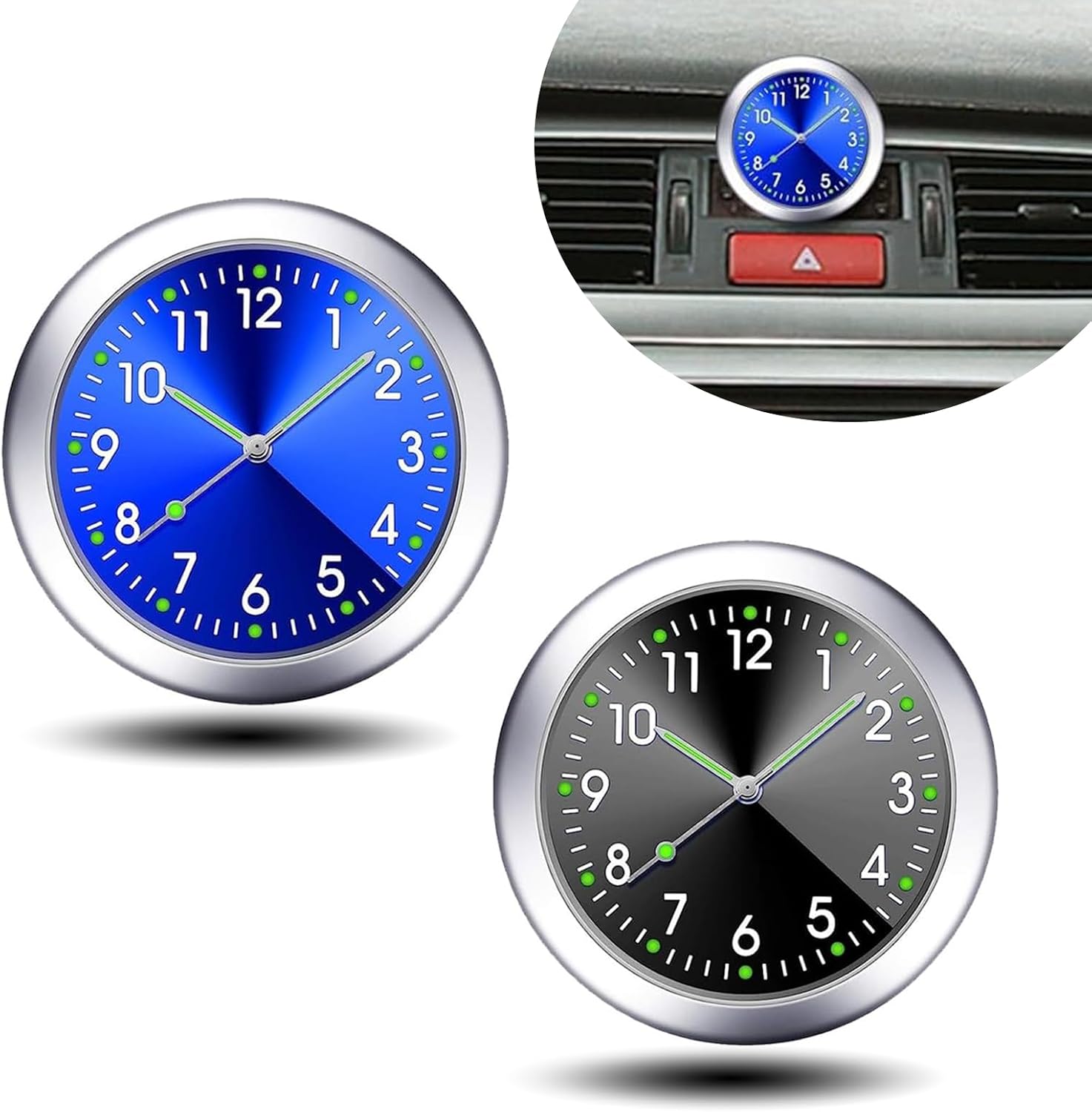 2 PCS Car Dashboard Clock, 1.57 x 0.31 High Precision Night Luminous Accurate Reading Time Quartz Clock, Alloy Durable Waterproof Adjustable Mini Clock, Universal for Cars Black & Blue