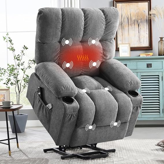 Power Lift Recliner Chair with Massage and Heat for Elderly, Electric Recliner Single Sofa with Two Cup Holders, Extended Footrest, Side Pocket and USB Charge Port for Living Room