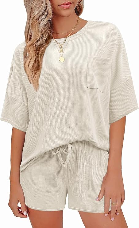 Pajamas Womens Waffle Knit Lounge Set Short Sleeve Top and Shorts 2 Piece Loungewear Outfits Pj Sets with Pockets
