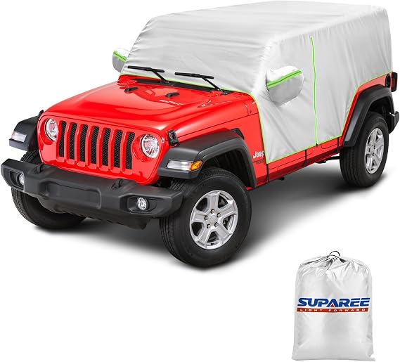 SUPAREE Covers Waterproof 4 Door, Jeep Wrangler 4 Door Waterproof Rain Cover - Windproof Hooks & Driver Door Zipper, UV Protection Outdoor Sun Rain Wind Snow Protection,Slivery Storage Bag