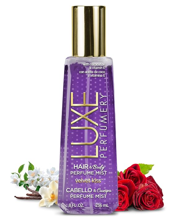 Luxe Perfumery Velvet Kiss Hair & Body Perfume Mist Floral Vanilla with Jasmine, Rose & Vanilla Orchid Hydrating Coconut Oil & Glycerin, Lightweight Daily Mist for Women, 8 Fl Oz