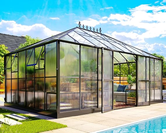 Jocisland 16x12x9.5 FT Outdoor Polycarbonate Greenhouse, 6 FT Wall Height