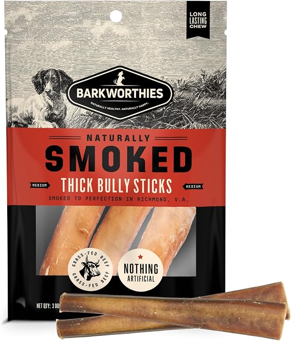 Barkworthies USA Hickory Smoked Thick Bully Sticks - 6 Inch 3 Count (Pack of 1) - All-Natural, Smoky Aroma, Great for Large Breeds