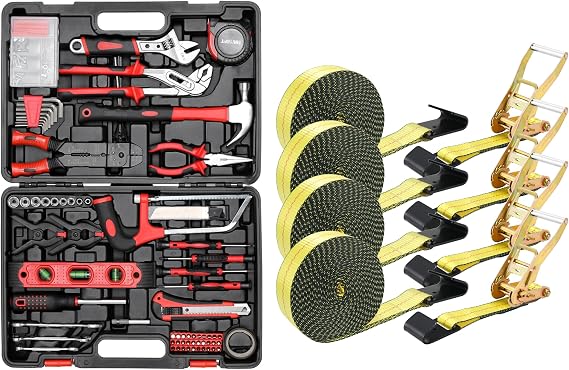 TLGREEN 218 Piece Tool Kit + 4 Pcs Flat Hook Ratchet Straps Yellow