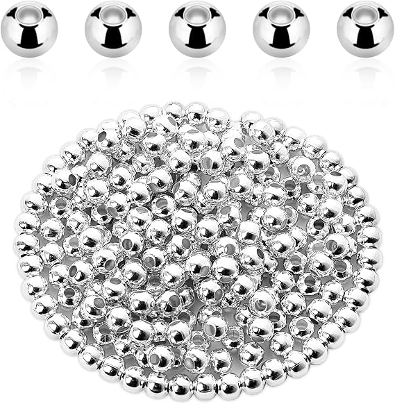 Silver Beads for Jewelry Making, 200 Pcs 4mm Round Smooth Silver Plated Spacer Beads Metal Loose Charm Bead with Hole for DIY Jewelry Making Bracelet Necklace Earring Crafting