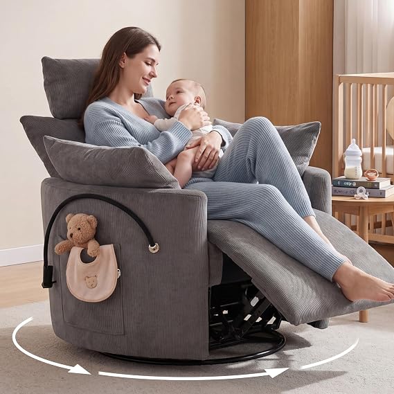 DEKKETO Manual Nursing Rocking Recliner Chair with Footrest, Chenille Grey | Footrest, Adjustable Headrest, Silent 300° Swivel, 30° Rocking Motion, Phone Holder, 2 Side Pockets, 2 Cushions, Oversized