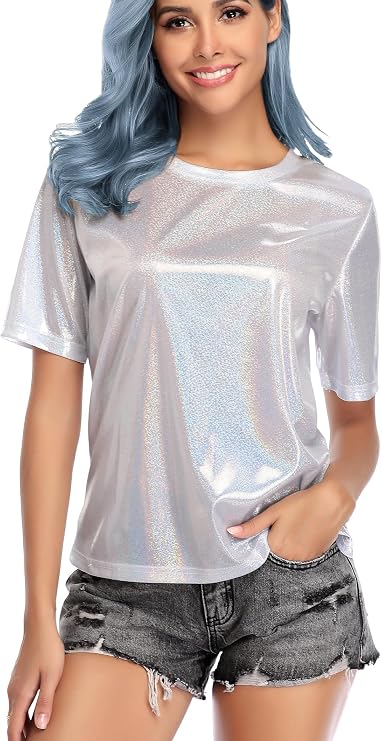 MISS MOLY Women's Metallic Tops Short Sleeve Crewneck Holographic Shiny Tees Glitter Sparkle Shirt for Party Club Concert
