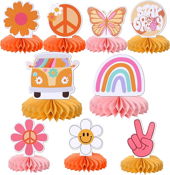 9 PCS Hippie Party Honeycomb Table Centerpiece Peace Sign Hand Butterfly Dasiy Flower 60s Retro Boho Two Groovy Table Toppers Centerpieces Decorations for Hippie Carnival Birthday Party Supplies