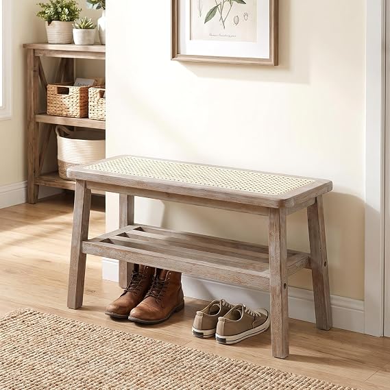 Shunzhi Rattan Entryway Bench with Shoe Rack Natural Wood Storage Bench Indoor Wicker 30 Inches Small Bench Farmhouse Cane Vintage Rustic Accent Bench for Living Room/Bedroom/Hallway/Porch