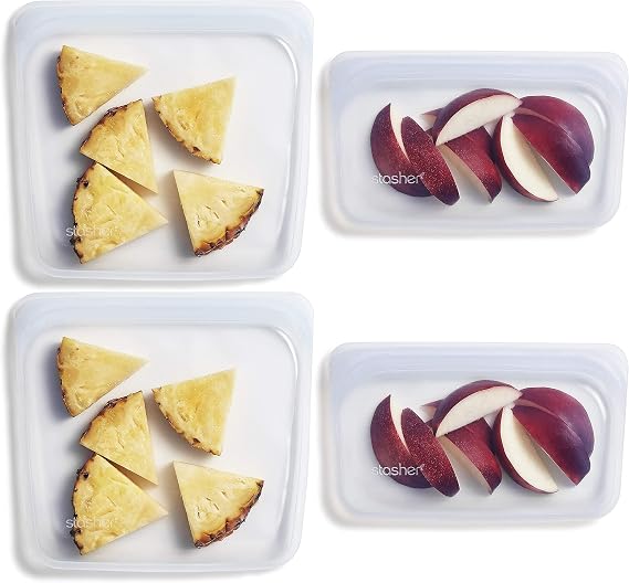 Stasher Silicone Reusable Storage Bag, 4-Pack Lunch/Travel (Clear) | Food Meal Prep Storage Container | Lunch, Travel, Makeup, Gym Bag | Freezer, Oven, Microwave, Dishwasher Safe, Leakproof