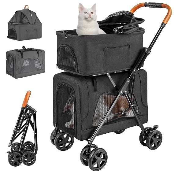 Double Cat Stroller for 2 Cats or Dogs, Detachable Carriers, Black