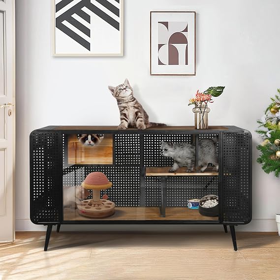 Modern 55.12" Spacious Cat House with 2 Sliding Tempered Glass Doors, Spacious Activity Space, Hollow Out Design Cat House Side Table for Living Room, Hallway, Study and Other Spaces