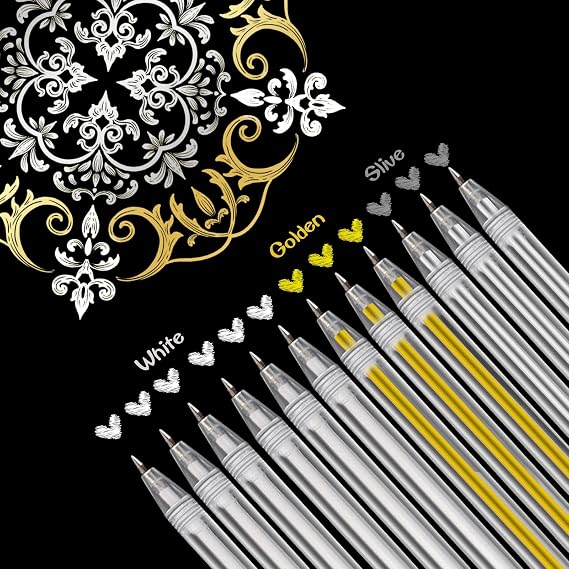 12pcs Silver Gel Pen Set, 0.8mm Fine Point, White Ink for Black Paper