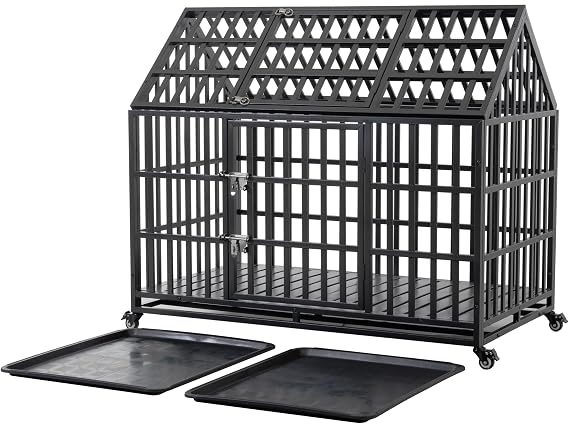 55 Inch Heavy Duty Dog Crate Indestructible and Escape-Proof Dog Crate Cage Kennel for Large/Medium Dogs Extra Large XL XXL with Wheels Removable Tray Double Door