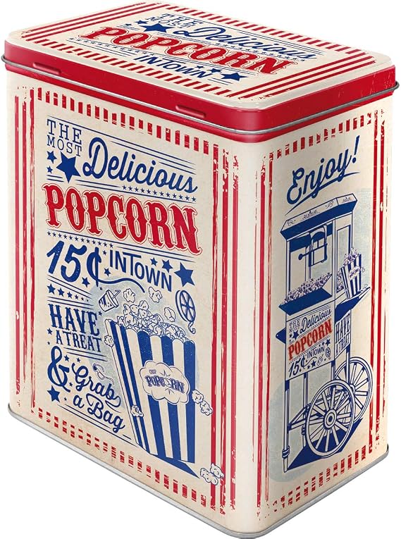 Nostalgic-Art Retro Saklama Kabı L, 3 l, Patlamış Mısır – Restoran Hayranları için Hediye Fikri, Büyük Sac Kutu, Vintage Tasarım | Şekerlemeler için büyük teneke kutu, vintage tasarım, restoran hayranları için hediye fikri