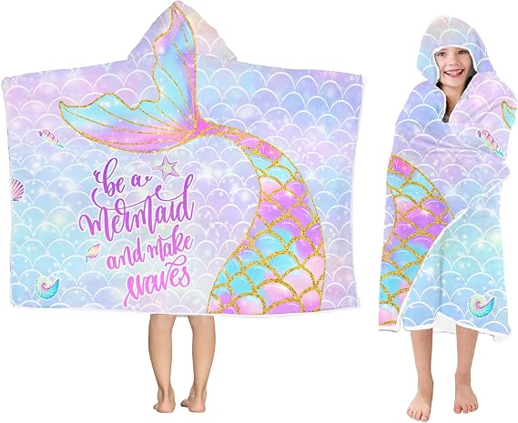 Mermaid Hooded Beach Towel for Girls - Kids Poncho Towel With Tail, Soft Absorbent Bath Towel With Hood, Pink Scales, 30"x50" - Bathrobe for Swim Pool Bath