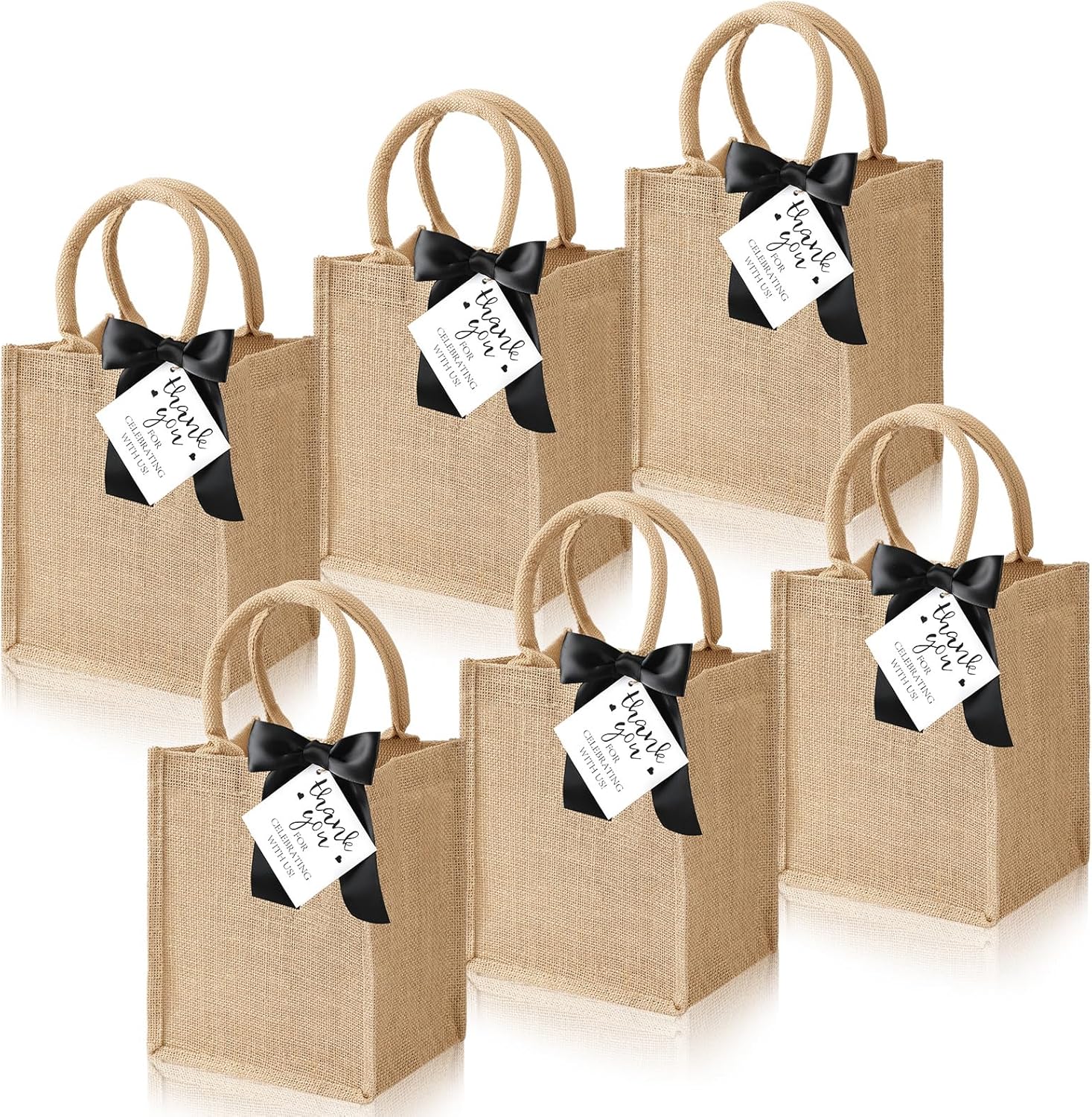 Paterr 6 Pack Burlap Tote Bags with Handles Small Bachelorette Party Gift Bag Reusable Jute Tote Bags with Bow Thank You Tag