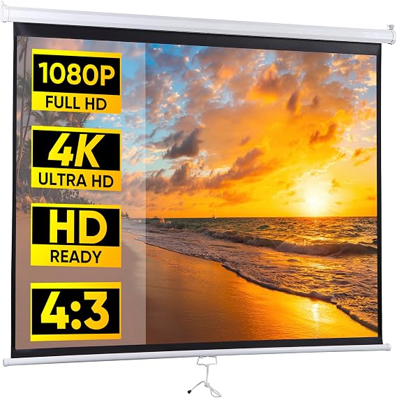 72" HD 4:3 Manual Projector Screen 1.1 Format with Auto Lock Anti-Crease Home Theater Office Wall Mounted Ceiling Pull Down Projection 1.1 Gain Matte White, View Size: 57 x 43 inches