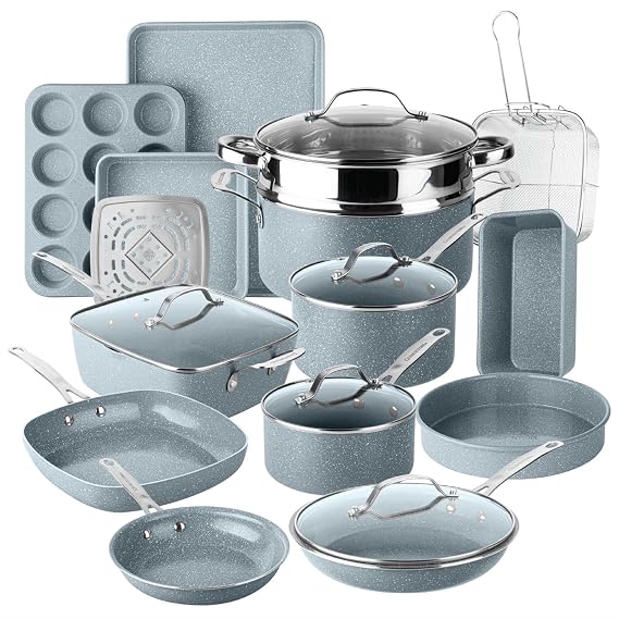 Granitestone Ceraluxe 20 Pc Ceramic Cookware Set Nonstick, Complete Pots and Pans Set Non Stick with 5 Pc Bakeware Set, Deep Frying Pan Set, Steamer, Non Toxic PFOA Free, Oven & Dishwasher Safe