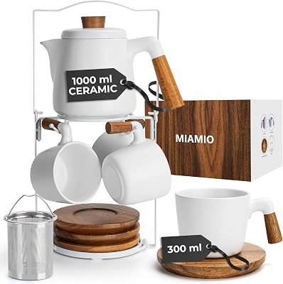 MIAMIO 34 Oz Ceramic Tea Pot Set with Infuser and CupsTea Strainer, 4 Ceramic Tea Mugs 10 Oz, Bamboo SaucersHandle for Home and Office White