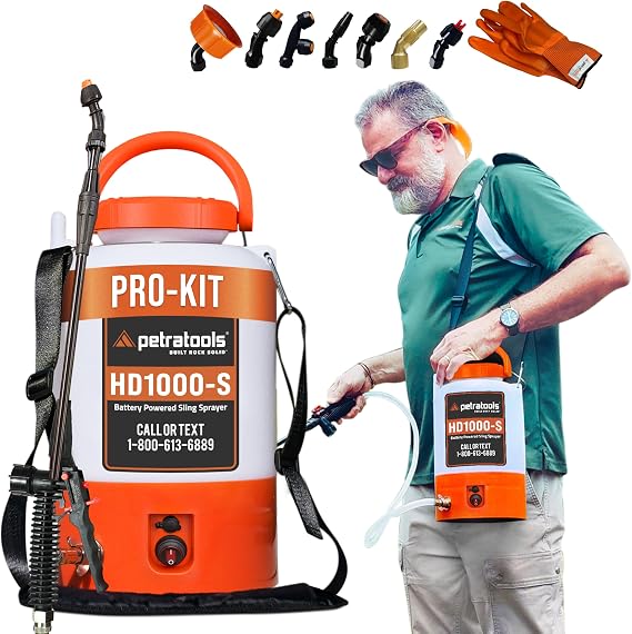 PetraTools Battery Powered Sprayer with 8 Nozzles, HD1000-S (1 Gal Pro Kit) | Up to 2-Hour Runtime for Weed/Pest Control, Fertilizing & Watering - Electric Sprayer for Lawn & Garden w/ 15+ Ft Spray Reach