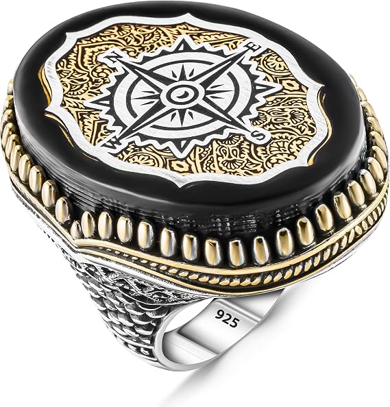 925 Sterling Silver Huge Compass On Amber Stone Mens Ring, Huge Compass Ring, Men Silver Ring, Sailor Ring, Big Ring