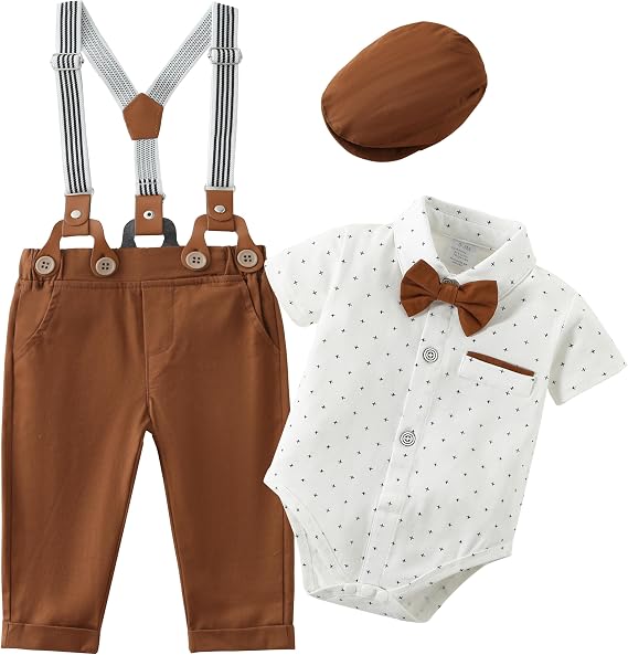 ZOEREA Baby Boy Suit Gentleman Outfit Clothes Infant Tuxedo Short Sleeve Dress Shirt+Suspender Pants+Bowtie+Hat 0-18M