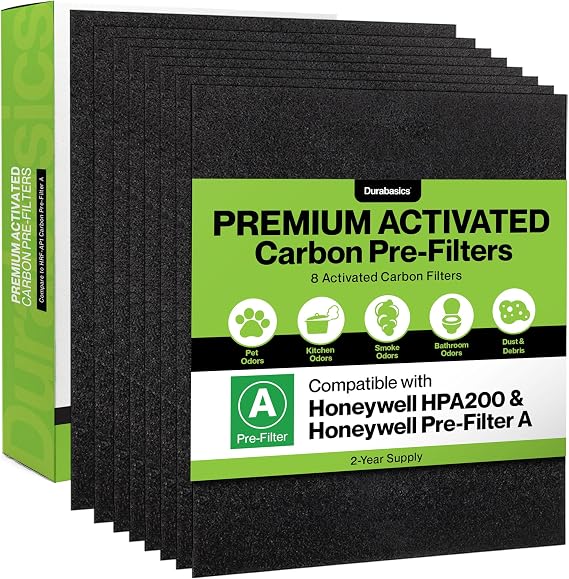 Durabasics 8 Pack Replacement Prefilter for Honeywell HPA200 | Carbon Pre Filter Replacements for Honeywell Prefilter A, Air Filter A, HRF AP1, HRF-A200, and HPA200 Filters