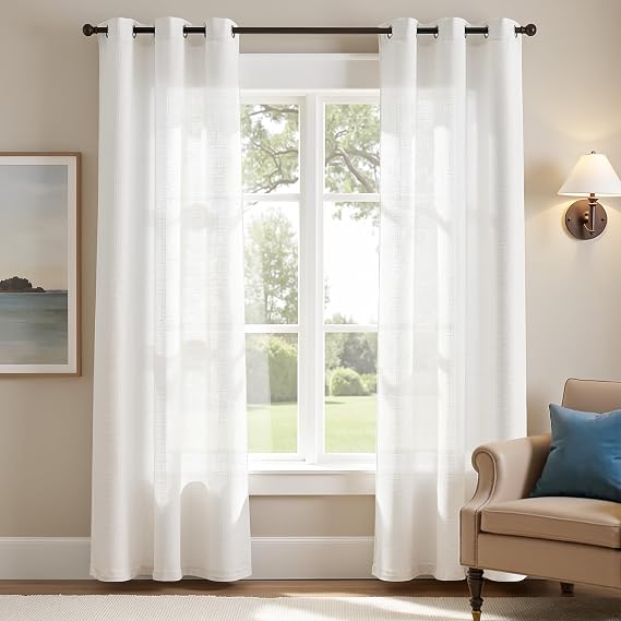 jinchan White Linen Textured Curtains 84 Inches Long 2 Panels Sets for Living Room Grommet Top Light Filtering Window Drapes for Bedroom
