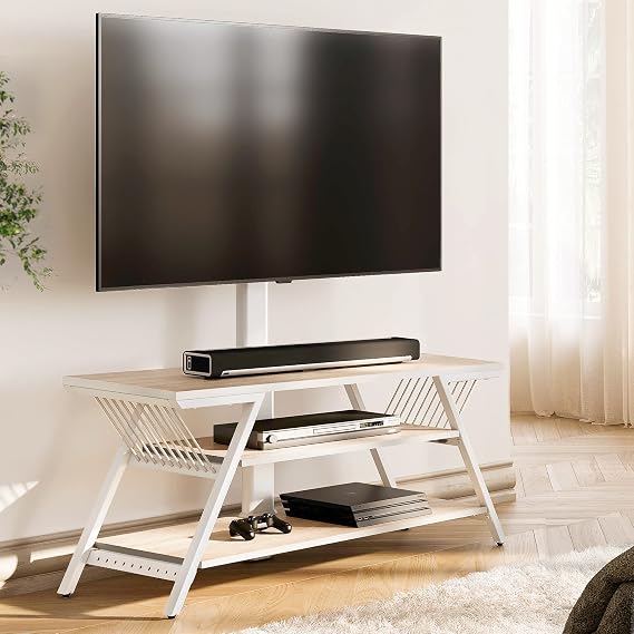 FITUEYES Wood TV Stand with Mount for 32-65 Inch TVS Entertainment Center with Mount for LCD/LED Flat Curved Screens - Height Adjustable, Cable Management, Open Storage, White, VESA 600 x 400 mm