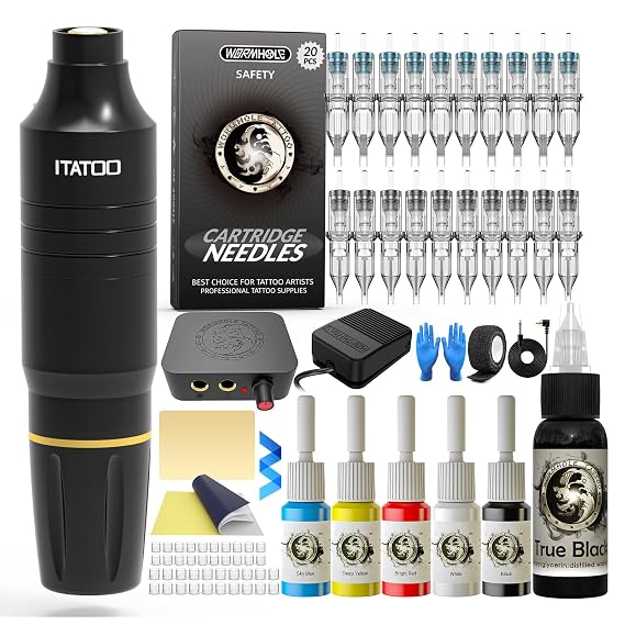 ITATOO Tattoo Gun for Beginners Cartridge Tattoo Machine Kit with Tattoo Inks Power Supply Tattoo Pen Kit WTK164(Black)