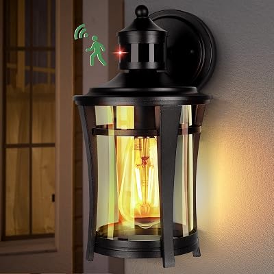 Dexnump Dusk to Dawn Motion Sensor Outdoor Wall Light, Black Exterior Wall Sconces Lighting with Bulb, Anti-Rust Waterproof Porch Light Fixture Wall Mount with 3 Modes for Outside House Patio Doorway
