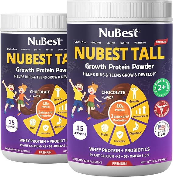 NuBest Protein Powder for Kids & Teens - Whey Protein Powder - Chocolate Protein Powder Shake - Protein Drink with Probiotics, Omega 3-6-9, Vitamin D3 + K2, Calcium, Vitamin - Pack 2