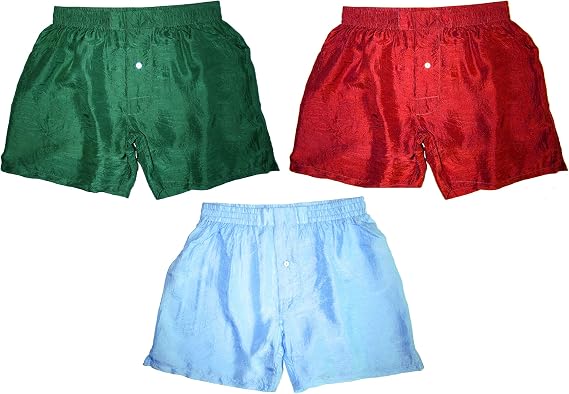 100% Pure Silk Boxers - Set of Three - RED, GREEN, BLUE - Sizes S-3XL