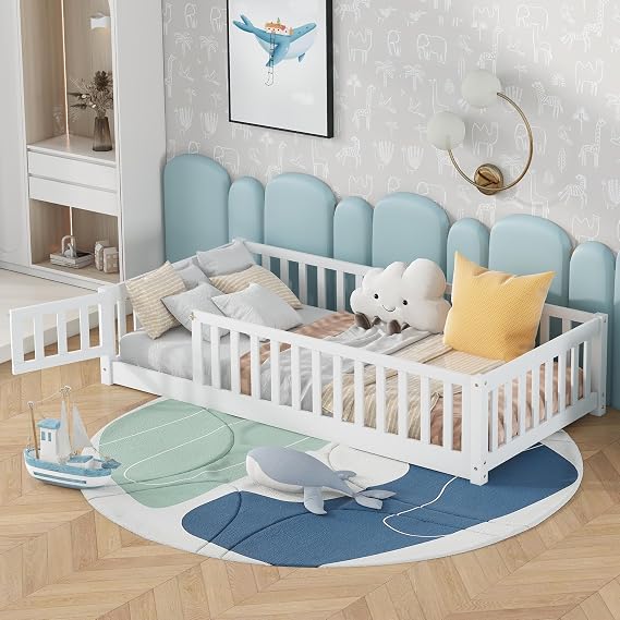 Bellemave Twin Montessori Floor Bed Frame with Slats,White