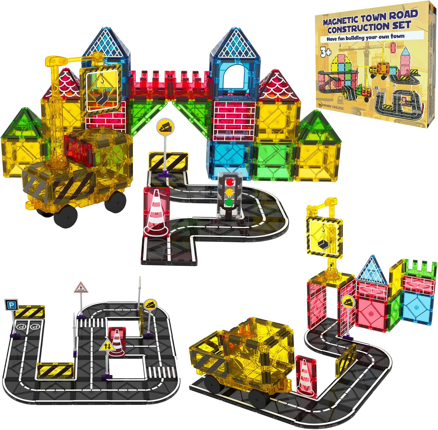 Desire Deluxe Magnetic Building Tiles Road Blocks - Magnet Crane Car Set for Kids, Educational Preschool STEM Learning Montessori Construction Toddler Toy for Boys & Girls 3 Year Birthday